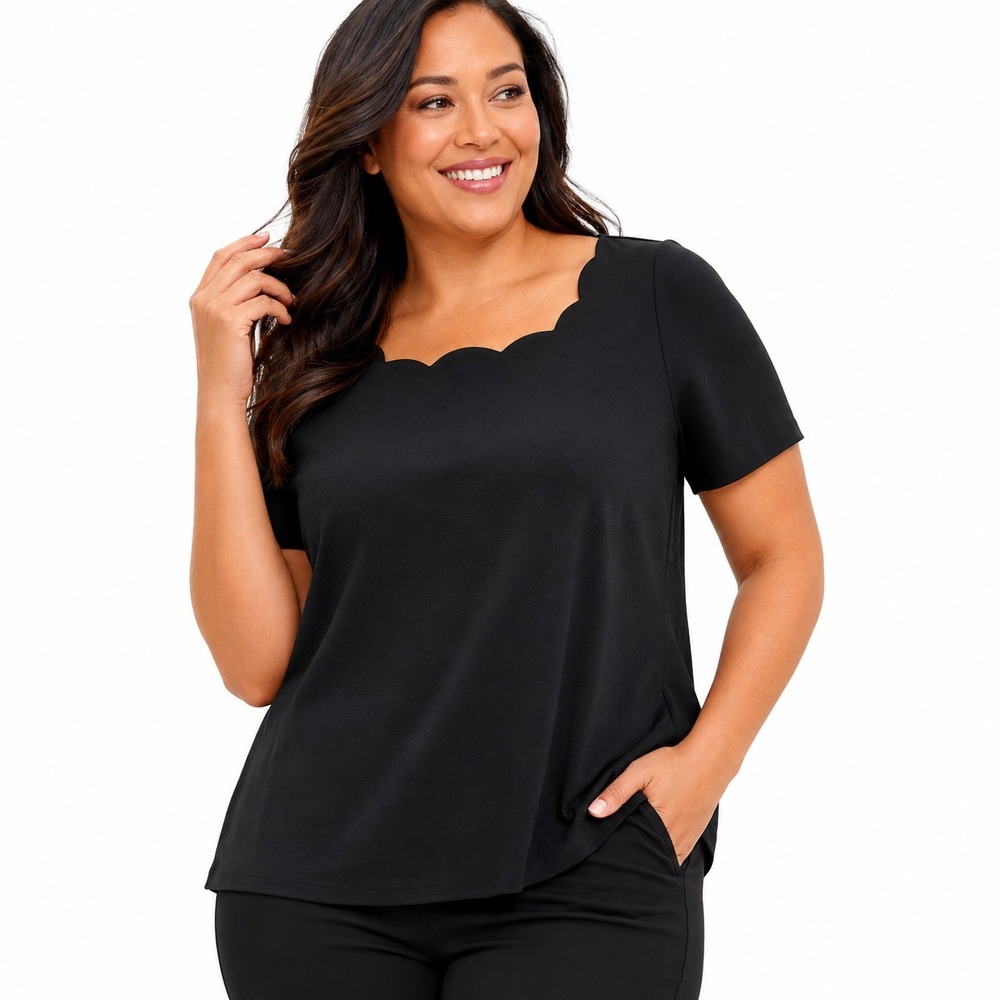 Talbots Blouse Black Scalloped Neckline Classic Minimalist Office Luxe Womens 3X